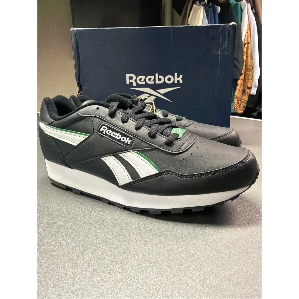 Reebok‎ Rewind Run Men's Black/ White / Green Leather Sneakers Size 9 NWB